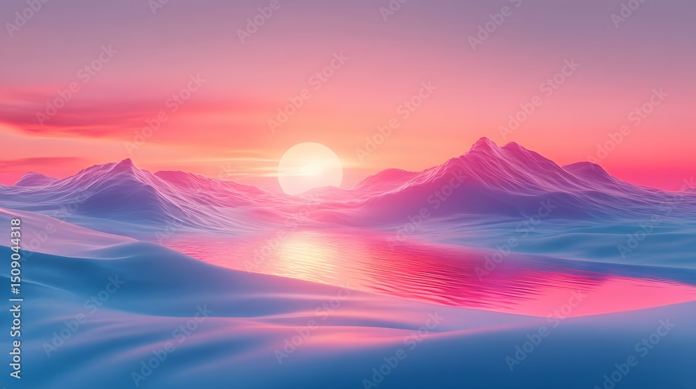 Poster a serene abstract landscape bathed in the warm glow of a setting sun, features soft, rolling hills a
