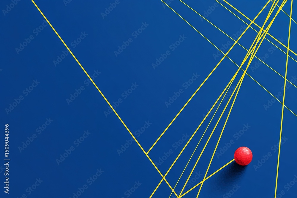 Poster bright red ball resting on a blue surface with intersecting yellow lines creating dynamic patterns