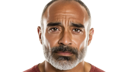 Hispanic man, close-up portrait with furrowed brow, cut out transparent