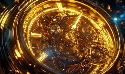 Golden watch mechanism detail, intricate gears, luxury timepiece, dark background, advertising