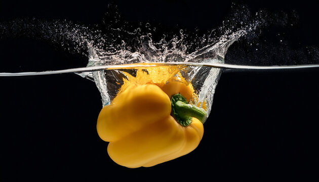 big yellow bell pepper falls into the water fresh yellow paprika splash in water on black background - Powered by Adobe