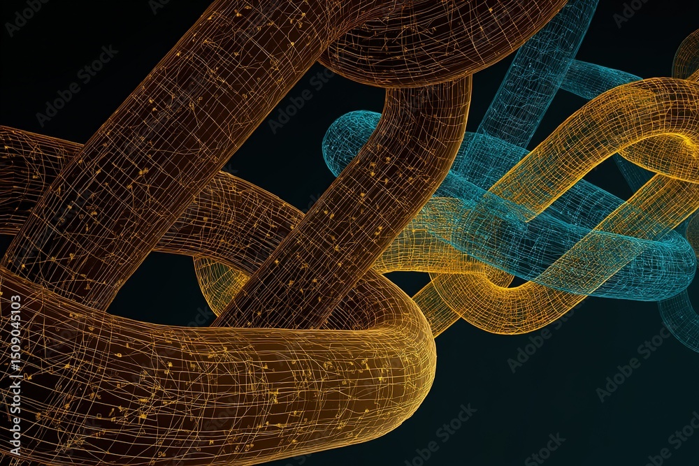 Poster intricate intertwining chains in a digital format illustrating connectivity and complexity in techno