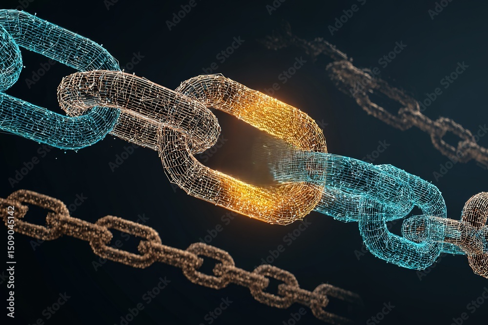 Poster digital representation of interconnected chains illustrating strength and unity in a futuristic desi