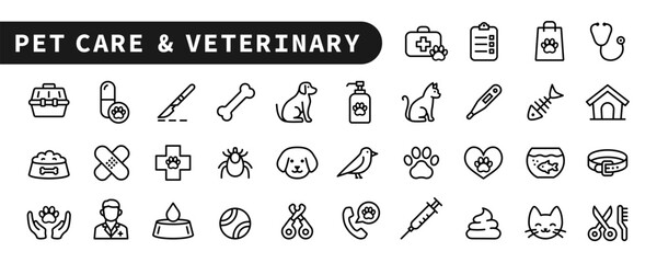 Pet care & Veterinary line icon set. Editable stroke. Vet services icons. Dog, cat, pet carrier... Simple outline symbols. Vector Illustration