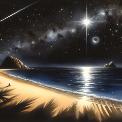 星明かりに照らされたビーチ、神秘的な夜の海岸風景　generated by AI
