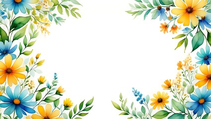 Vibrant Watercolor Floral Frame Blue and Yellow Flower Border Design