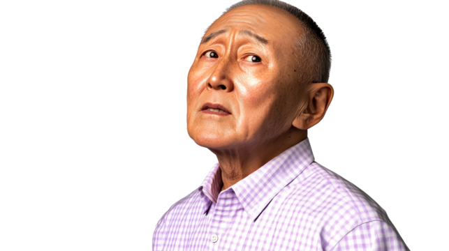 Asian elder looking upward with contemplation, cut out transparent