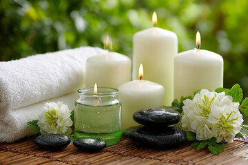 Serene spa setting with candles towels and stones