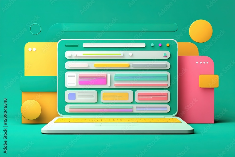 Poster modern computer interface design featuring vibrant colors and geometric shapes with interactive elem