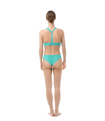 Woman wearing beautiful underwear on white background, back view