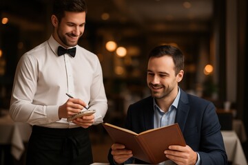 Server takes order from customer in elegant restaurant during evening dining experience