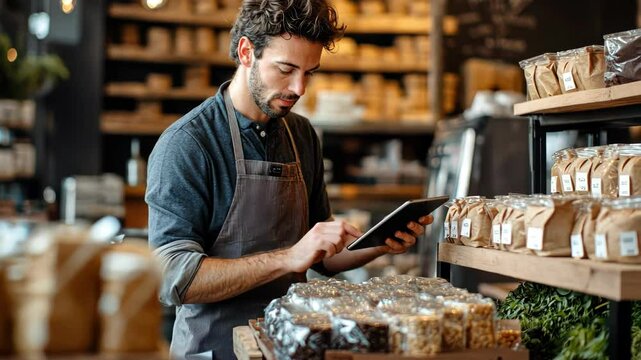 Young adult man uses tablet for business in cafe, managing inventory and orders. Small business owner checks stock in his coffee shop. Technology, lifestyle