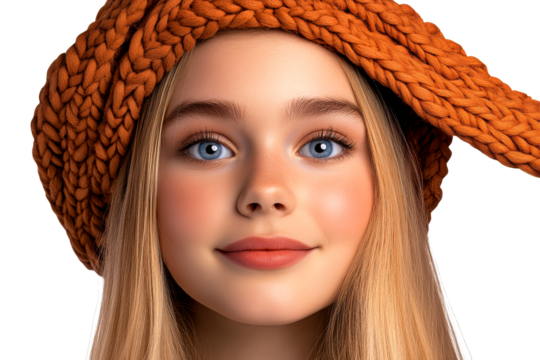 Young girl face wearing knitted hat close up portrait, cut out transparent