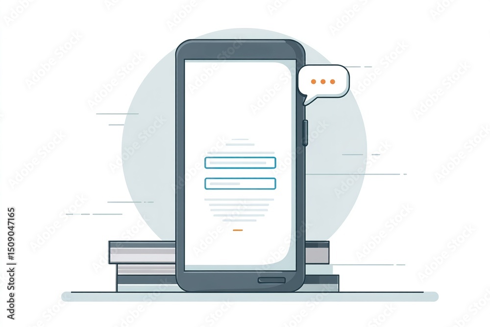 Poster mobile device displaying a login screen with messaging features on a stack of books