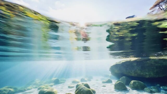 A breathtaking split-level view of a clear river or lake, showing the shimmering water surface above and the rocky bottom with sunbeams filtering through below, under a bright sunny sky.