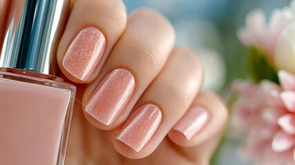 Macro shot of a woman manicured hand holding a bottle of nude pink nail polish with a sparkling shimmer finish