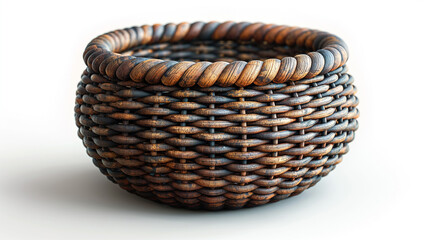 Richly textured wickerwork. Handcrafted dark brown rattan basket with thick braided rim. Ideal for rustic home storage or boho decorative styling.