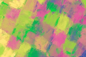 春夏用油絵抽象アート。斜めに配置された黄緑・ピンクの四角を使った背景。ラフな筆跡