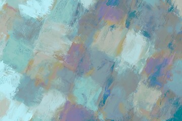 Fototapeta premium 秋冬用油絵抽象アート。斜めに配置された水色・紫の四角を使った背景。ラフな筆跡