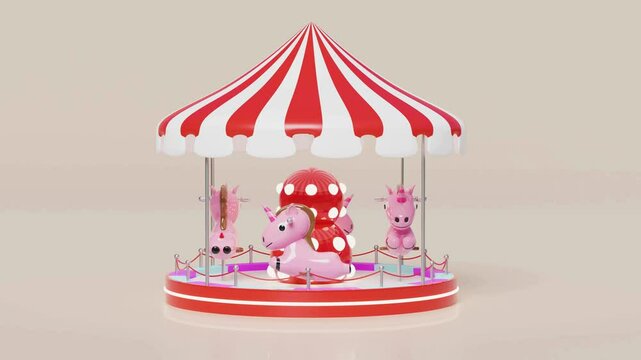 3d rendering of a whimsical carousel with pink unicorns