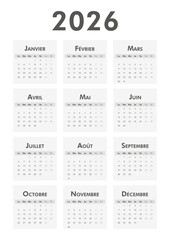 2026 calendar modern classic on French language. Week starts on Monday. Desk or wall A4 vertical black and white calendar in minimalist style