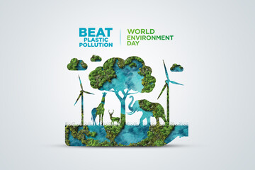 #BeatPlasticPollution, World Environment day concept 2025 3d tree background. 