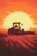 Fototapeta premium A retro-inspired, grainy-textured illustration of a farmer plowing a field with an old-fashioned tractor, set against a warm sunset backdrop.