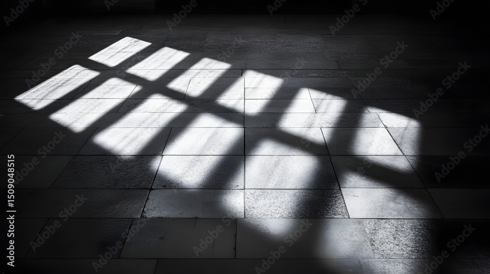 Poster Sunlight filters through window onto stone floor, creating abstract patterns and highlighting textures. The contrast emphasizes light and shadow, evokes a sense of mystery and beauty.