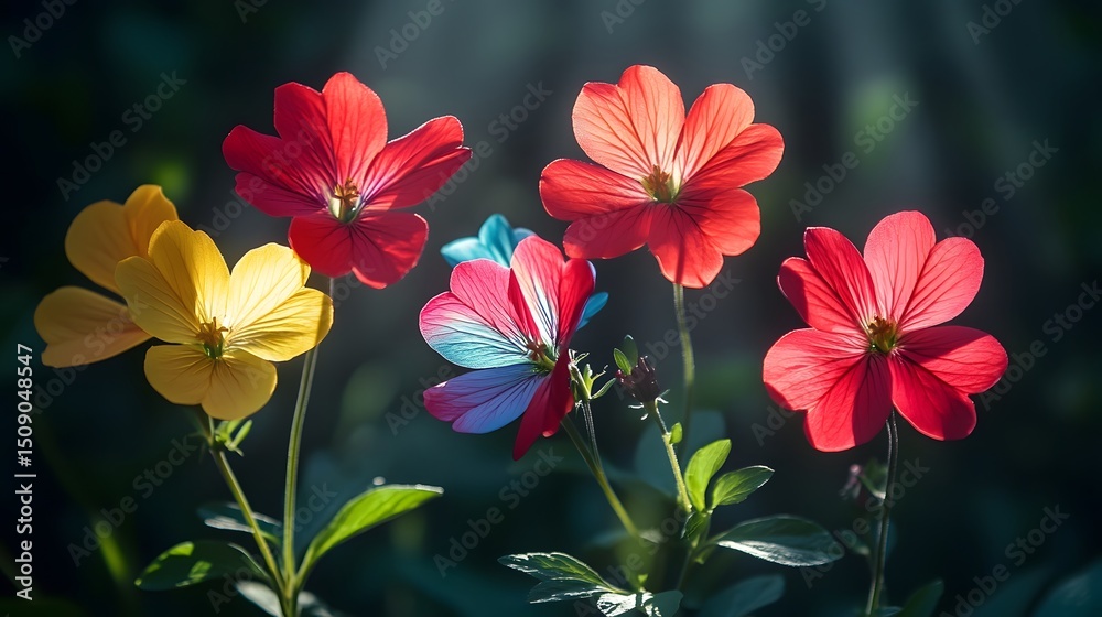Poster vibrant flowers display abstract beauty with glowing petals and soft light, creating a mood of seren