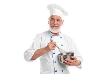Professional pastry chef with whisk and cooking pot on white background