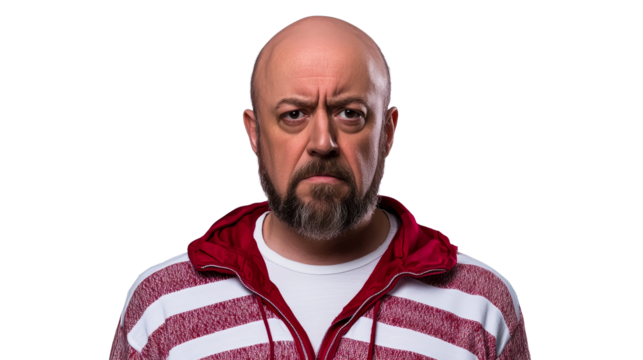 Serious balding man with beard, striped jacket, cut out transparent