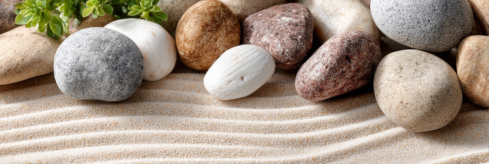 Smooth stones and green plant on sand zen garden