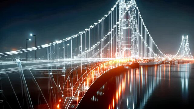A glowing digital blueprint-style illustration of a suspension bridge illuminated at night, spanning a river over a city full of lights
