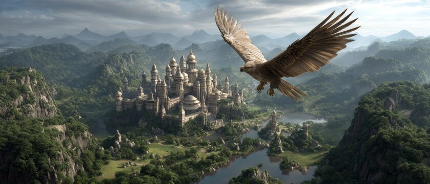 Majestic roc bird soaring over enchanted castle capturing mythical fantasy landscape