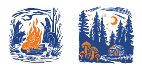 Cozy Campfire Scene with Forest Elements and Mystical Vibes