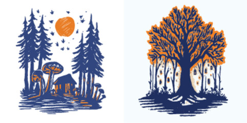 Cozy Woodland Scene with Rustic Cabin and Majestic Tree Illustration