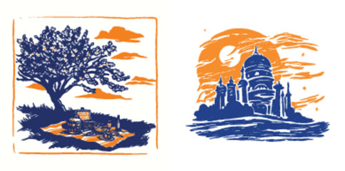 Scenic Vector Illustration of a Picnic and a Monument Landscape