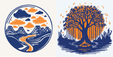 Obraz premium Scenic Vector Illustration of Bridge and Tree in Circular Design