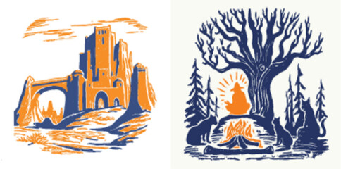 Vintage Vector Illustration of Castle and Campfire Scene