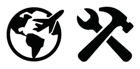 Globe with Airplane and Tools Icon for Travel and Repair Themes