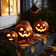 Lit-up jack-o'-lanterns with carved faces on a porch, celebrating Halloween's arrival.