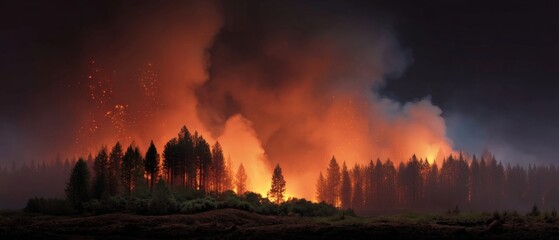 Intense forest wildfire engulfing towering trees under dramatic night sky