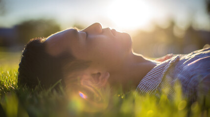 Young man lying on grassy field gazing at sky with serene expression, surrounded by soft sunlight, symbolizing freedom, aspiration, and dreamy atmosphere.
