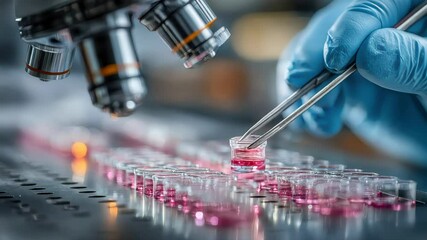 A scientist uses tweezers to handle glass vials containing pink fluid beneath a microscope in a modern laboratory setting
