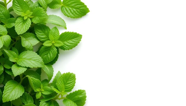 Fresh mint leaves on the side of a white background