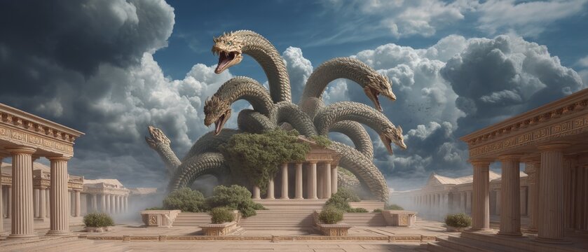 Mythical hydra monster encounter in ancient greek ruins under dramatic skies