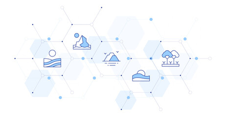 Landscape Banner Vector Illustration with Icon Style in Between. Line Duotone icon. Containing. spring, glacier, island, desert, tree