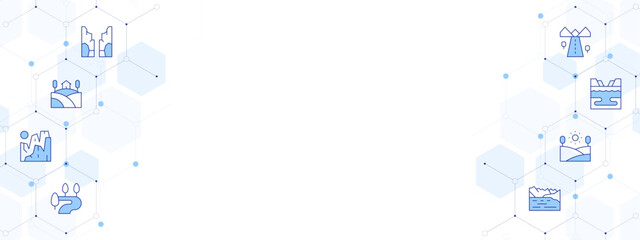 Landscape Banner Vector Illustration with Two-sided Icon Style. Line Duotone icon. Containing. canyon, house, cliffs, river, landscape, lake, road