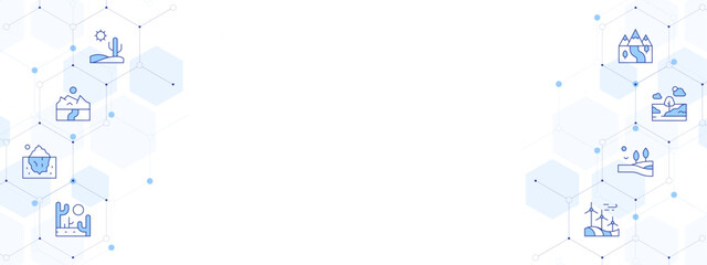 Landscape Banner Vector Illustration with Two-sided Icon Style. Line Duotone icon. Containing. desert, mount kenya, iceberg, field, meadow, landscape, route