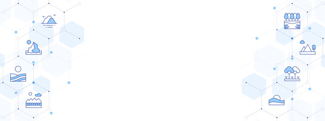 Landscape Banner Vector Illustration with Two-sided Icon Style. Line Duotone icon. Containing. island, glacier, spring, mountain, desert, tree, mountains, river